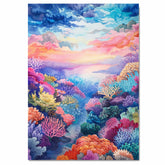 Watercolor Painting of Lush Colorful Coral Reef with Ocean Horizon and Dramatic Sunset Sky in Blues Pinks and Purples on Ready to Hang 1.5" Thick Canvas Wrap, Floating Framed Canvas, Flat Rolled Canvas